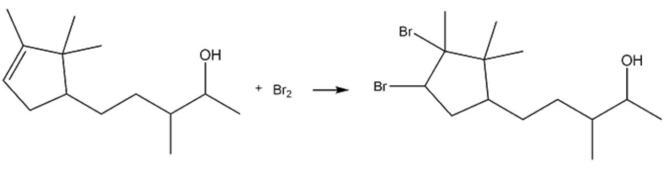 Reaktionsschema: Alken mit Seitenkette reagiert mit Br2 zu dibromiertem Ring